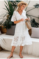 Women's White Hollow Out Lace V-neck High Waist