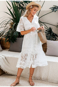 Women's White Hollow Out Lace V-neck High Waist