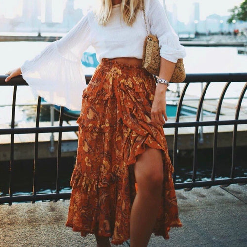 Bohemian Floral Print Ruffles Skirt