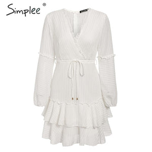 Women's V-neck White Ruffled Lantern Chiffon