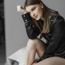 Load image into Gallery viewer, Black Pocket Satin Sleepwear Long Slevee Onsies Pajamas For