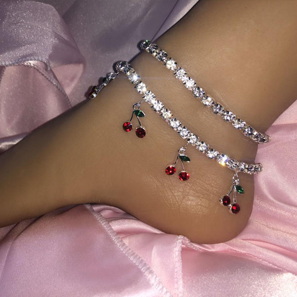 Hip Hop Rhinestones Foot Jewelry Barefoot Sandal Cherry Anklet