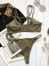 Load image into Gallery viewer, Hollow Out Army Green Ribbed Bikinis Women's Swimsuits Micro Thong - Sophornlilly