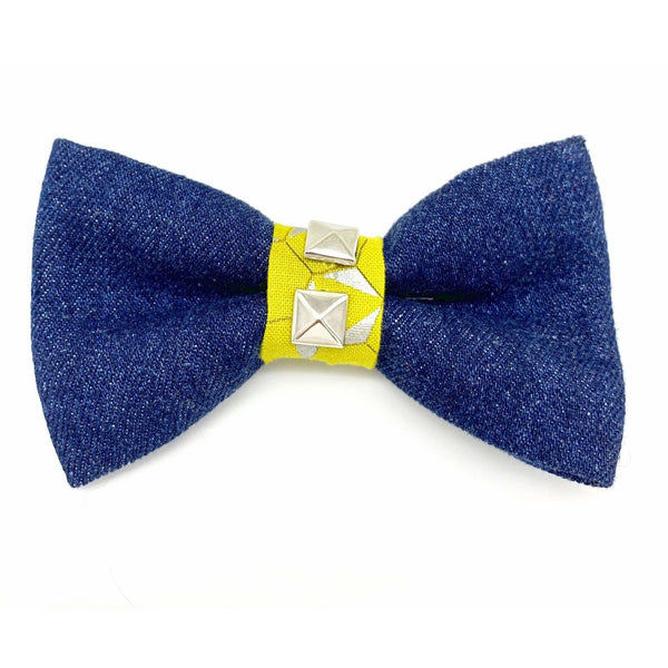 Mustard honeycomb denim dog bow tie