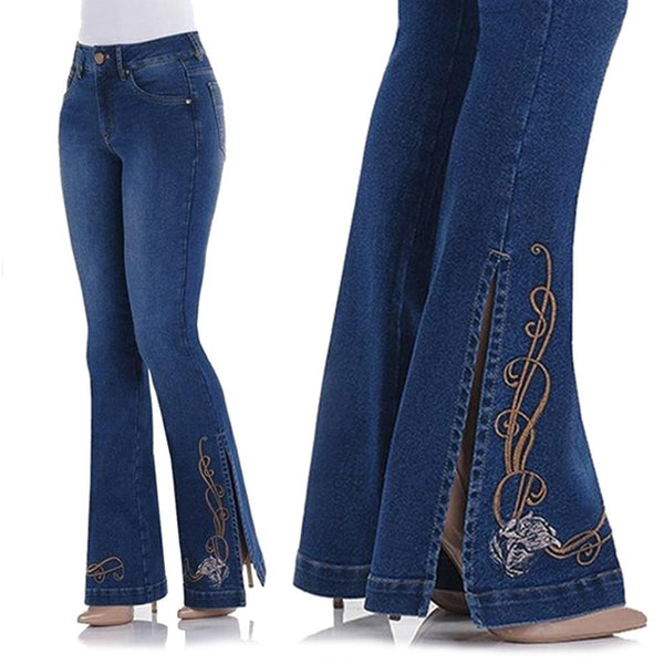 Hot Apparel Denim Pants Vintage Side Slit Flare Pants Elastic