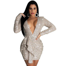 Load image into Gallery viewer, Hot Sale Short Evening Dresses Glitter Sequin Sexy V Neck Long Sleeves