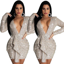 Load image into Gallery viewer, Hot Sale Short Evening Dresses Glitter Sequin Sexy V Neck Long Sleeves