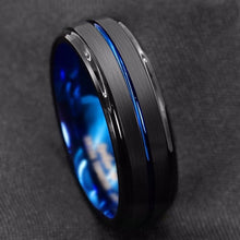 Load image into Gallery viewer, Hot sale stainless steel black grooved ring inner blue men's fashion