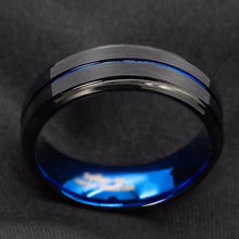 Load image into Gallery viewer, Hot sale stainless steel black grooved ring inner blue men's fashion