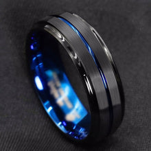 Load image into Gallery viewer, Hot sale stainless steel black grooved ring inner blue men's fashion