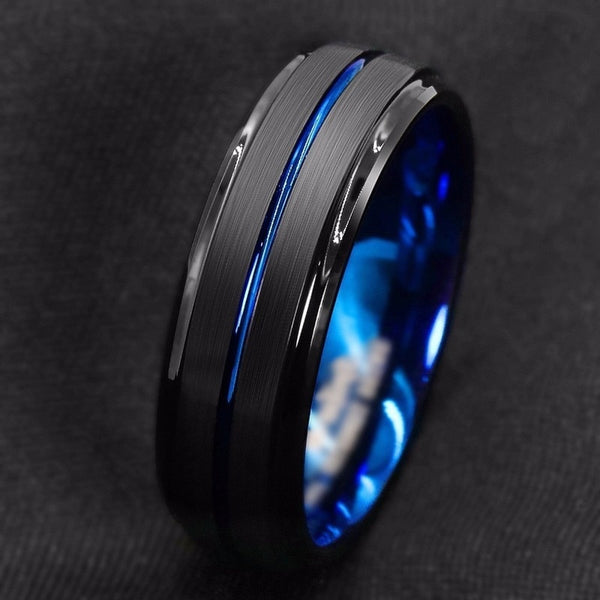 Hot sale stainless steel black grooved ring inner blue men's fashion