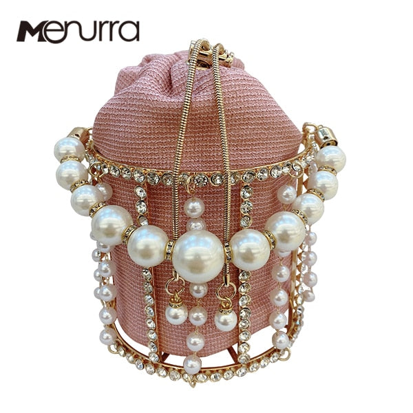 INS Pearls Metallic Cage Evening Clutch Bag Women Hollow Out Bucket