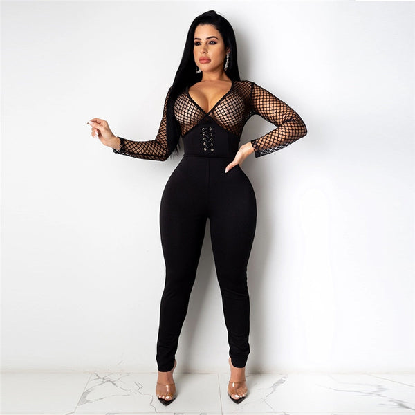 Imcute Autumn Womens See Through Fishnet Mesh Jumpsuit Casual Long