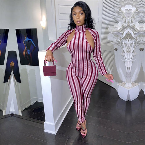 Imcute Jumpsuit Rompers Sexy Women Long Sleeve Striped Bodycon Slim