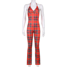 Load image into Gallery viewer, Imcute Plaid Print Skiiny Bodycon Jumpsuits Halter V Neck Workout