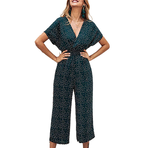 Imcute Women Fashion Small Dots Printed Jumpsuit Summer Casual Wrap V