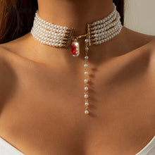 Load image into Gallery viewer, Multi Row Imitation Pearl Choker Necklace Statement Red