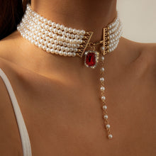Load image into Gallery viewer, Multi Row Imitation Pearl Choker Necklace Statement Red