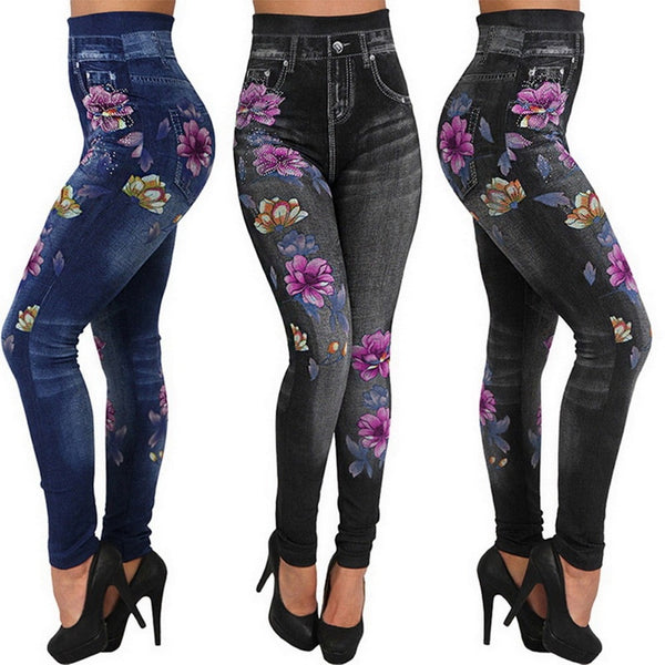 Fashion Slim Women Leggings Floral Print Pencil Faux Denim