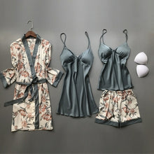 Load image into Gallery viewer, 4 PCS New Woman Pajamas Set Faux Silk Satin Sleepwear