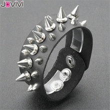 Load image into Gallery viewer, Jovivi 1pc Wide Genuine Leather Spike Studded Rivet Biker Skull Bangle