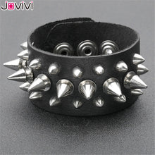 Load image into Gallery viewer, Jovivi 1pc Wide Genuine Leather Spike Studded Rivet Biker Skull Bangle