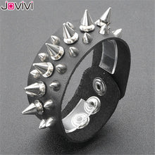 Load image into Gallery viewer, Jovivi 1pc Wide Genuine Leather Spike Studded Rivet Biker Skull Bangle
