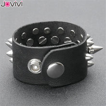 Load image into Gallery viewer, Jovivi 1pc Wide Genuine Leather Spike Studded Rivet Biker Skull Bangle
