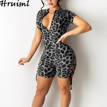 Load image into Gallery viewer, Jumpsuit Women Elegance Short Sleeve Zipper Drawstring Lace Up Leopard - Sophornlilly