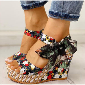 Floral Wedge Sandals Ankle Strap