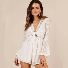 Load image into Gallery viewer, White Dobby Sexy Playsuits Rompers Women Tie Up Bow