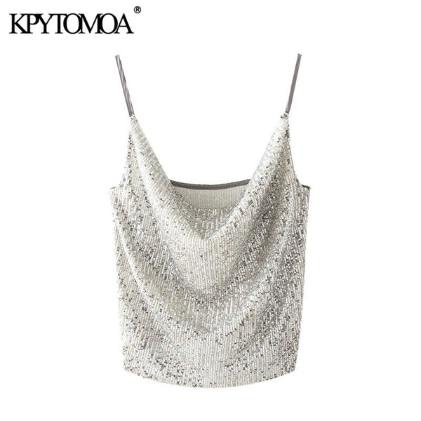 Women Sexy Fashion Shiny Sequin Cropped Tank Tops