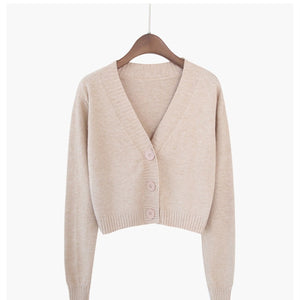 Knitted Crop Cardigan Short Sweater Long Sleeve V Neck