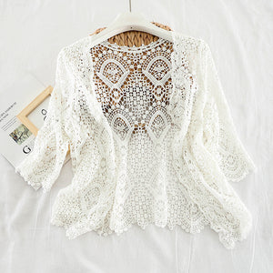 Knitted Shrug Women Bohemian Style Midi Sleeve Lace Open Cardigan