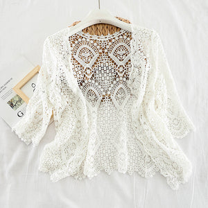 Knitted Shrug Women Bohemian Style Midi Sleeve Lace Open Cardigan