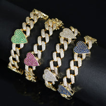 Load image into Gallery viewer, New Bling Rainbow Cz Heart Cuban Chain Bracelet Iced Out Full
