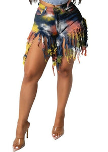 LISCN Summer Womens Fashion Shorts Sexy Tie dye Fringed Jeans High