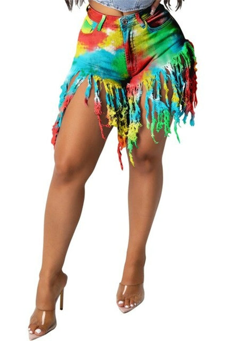 LISCN Summer Womens Fashion Shorts Sexy Tie dye Fringed Jeans High