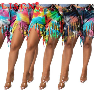 LISCN Summer Womens Fashion Shorts Sexy Tie dye Fringed Jeans High