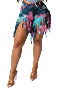 LISCN Summer Womens Fashion Shorts Sexy Tie dye Fringed Jeans High