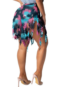 LISCN Summer Womens Fashion Shorts Sexy Tie dye Fringed Jeans High