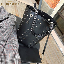 Load image into Gallery viewer, Designer Rivet Bucket Bags for Women Black Leather Chain