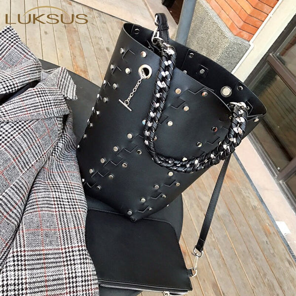 Designer Rivet Bucket Bags for Women Black Leather Chain