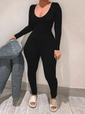 U Neck Regular Fit Stretchy Jumpsuit Long Sleeve