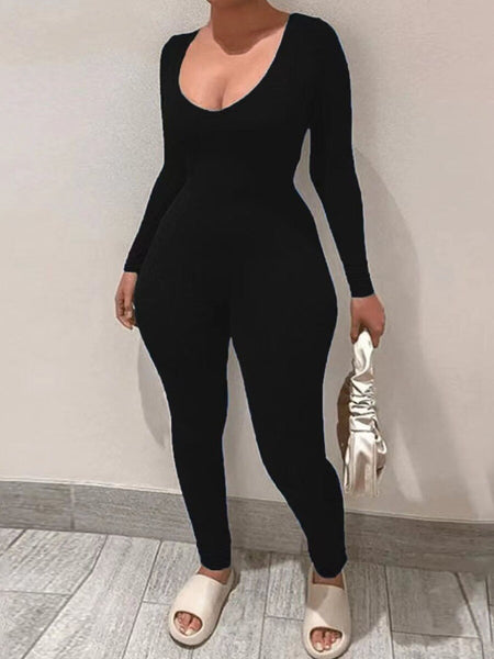 U Neck Regular Fit Stretchy Jumpsuit Long Sleeve