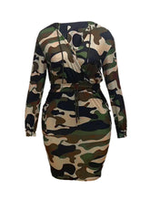 Load image into Gallery viewer, Camo Print Side Pocket Cargo Dress V Neck Hooded