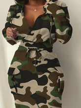 Load image into Gallery viewer, Camo Print Side Pocket Cargo Dress V Neck Hooded