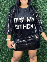 Load image into Gallery viewer, Mini Dress Sequined Letter Print Drop Shoulder Straight O