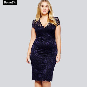 Lace 5XL Plus Size Women Dress V Neck Short Sleeve Bodycon Pencil - Sophornlilly