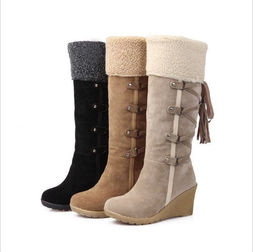 Lace Up Wedge Boots Round Toe Australia Brand Women's Shoes Sexy Thigh